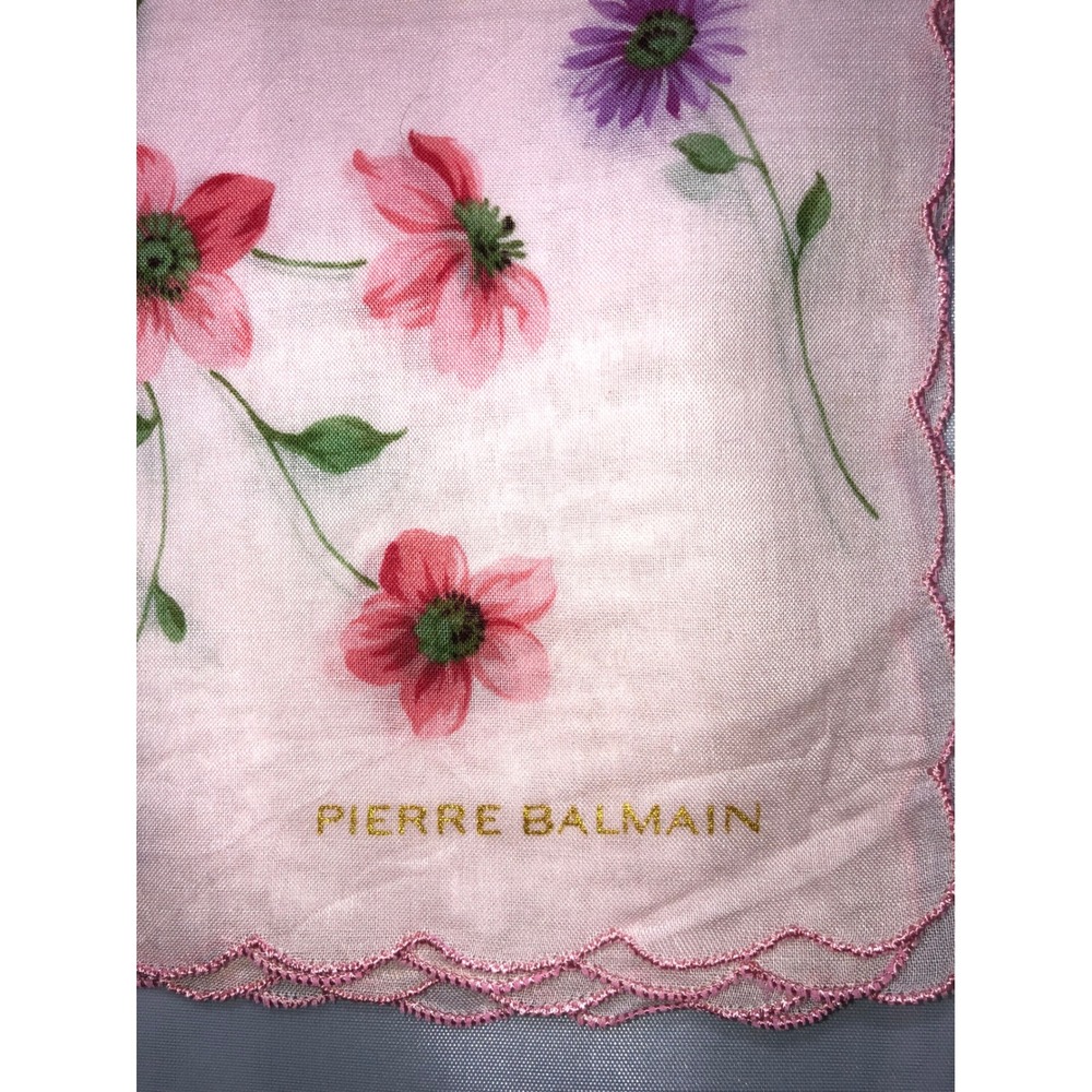 Pierre Balmain Vintage Floral Handkerchief Pink Purple Scalloped Edge 18x18